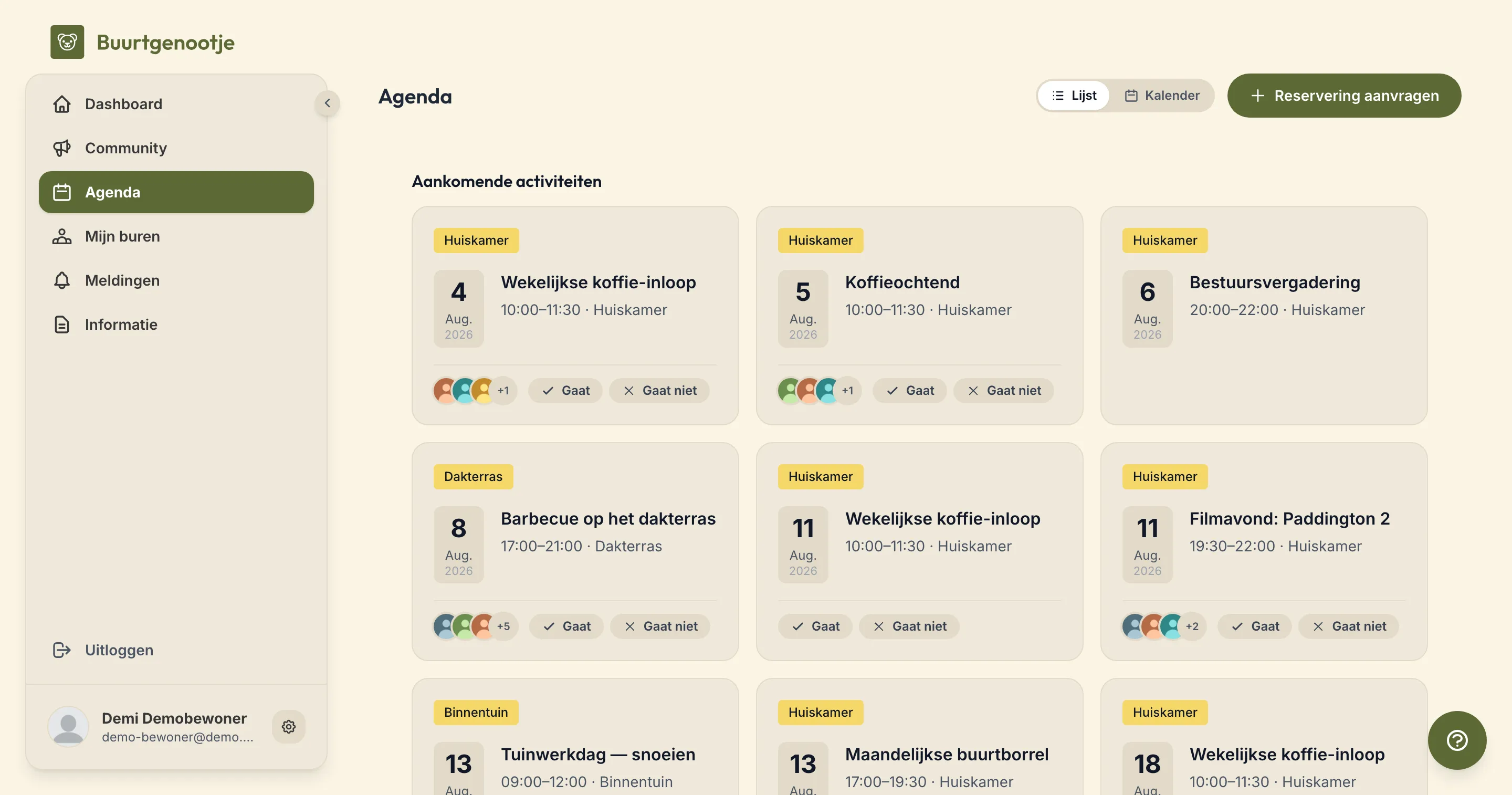 De agenda met aankomende evenementen en aanmeldknoppen
