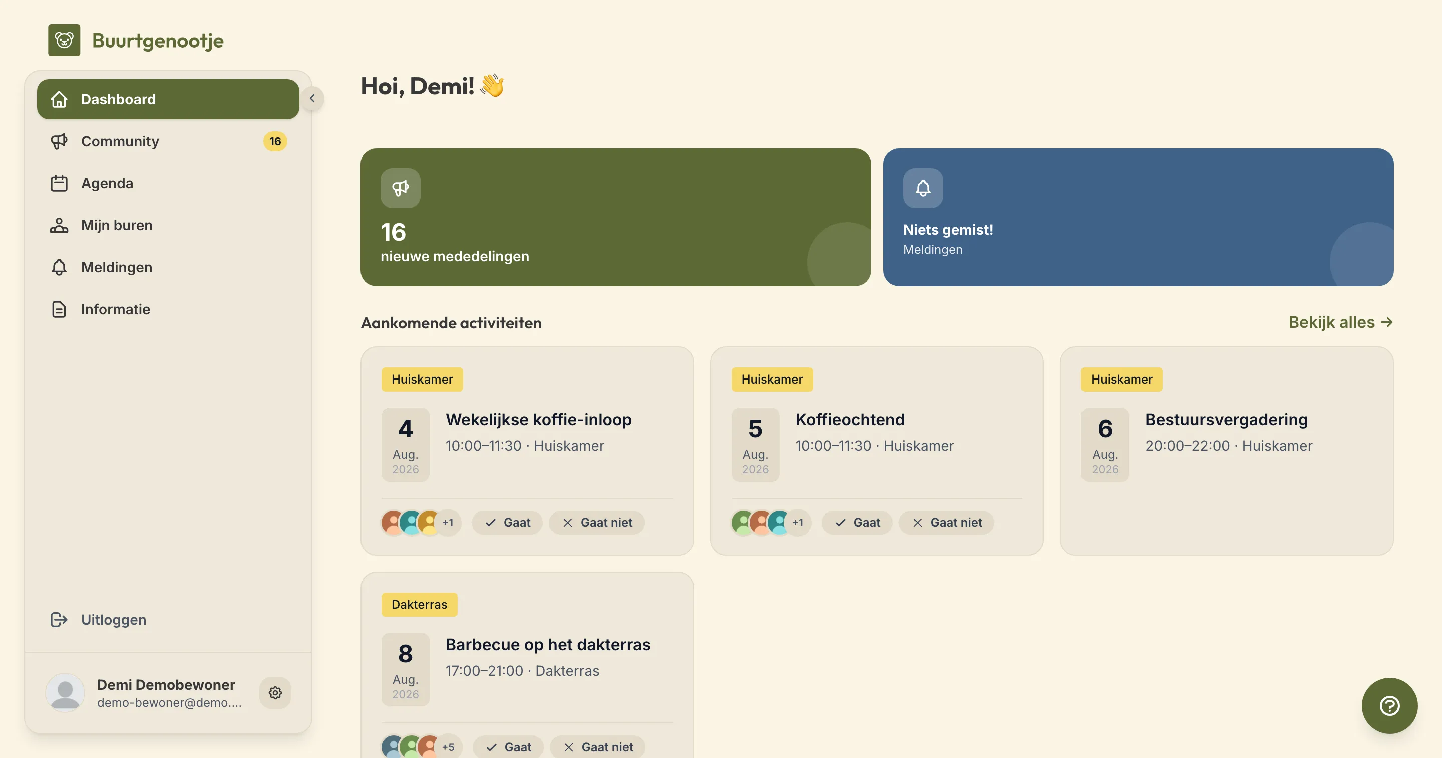 Het dashboard van Buurtgenootje met aankomende activiteiten en aanmeldknoppen