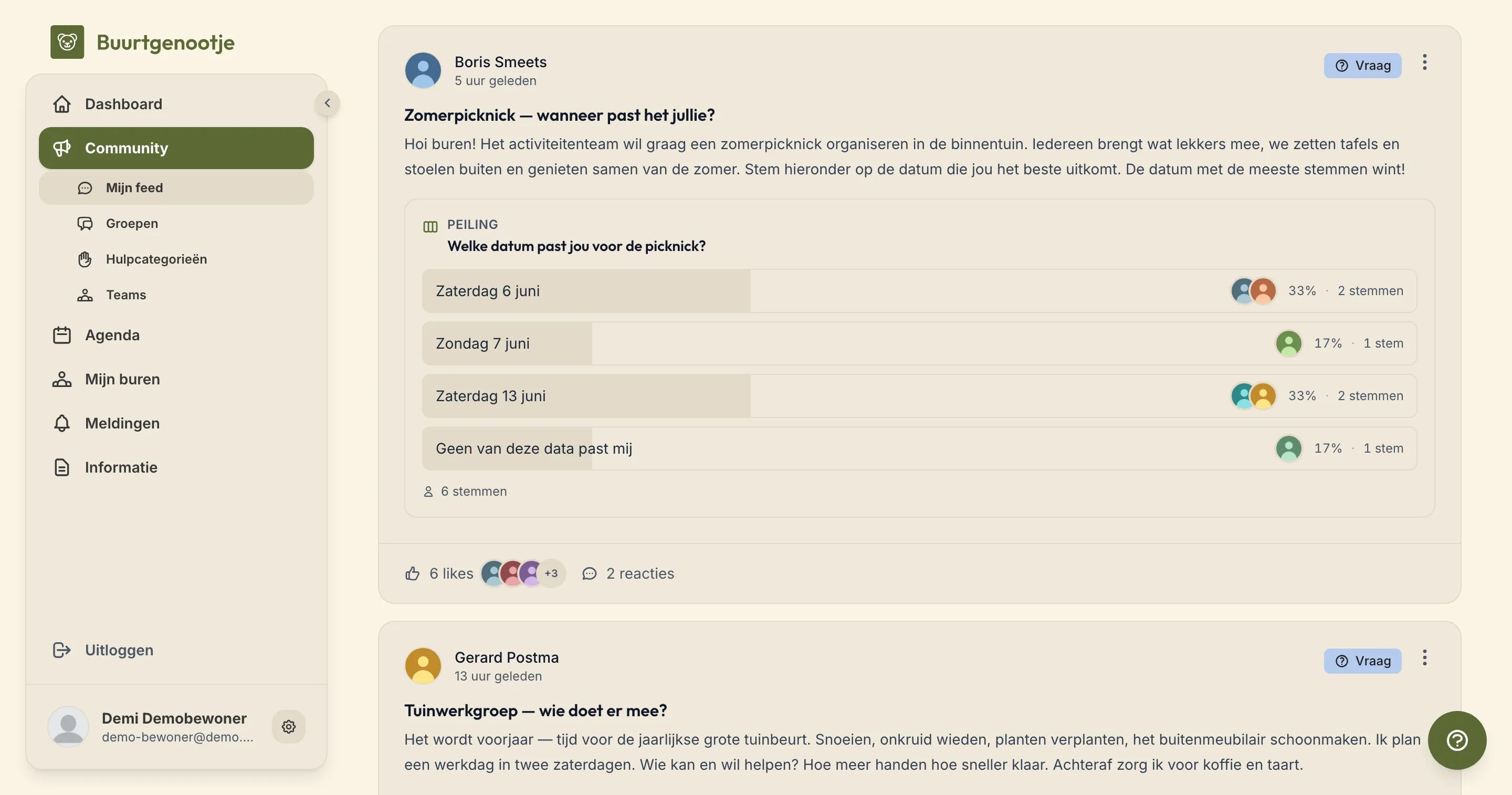 De community-feed met een peiling over een zomerpicknick, inclusief stemmen, likes en reacties