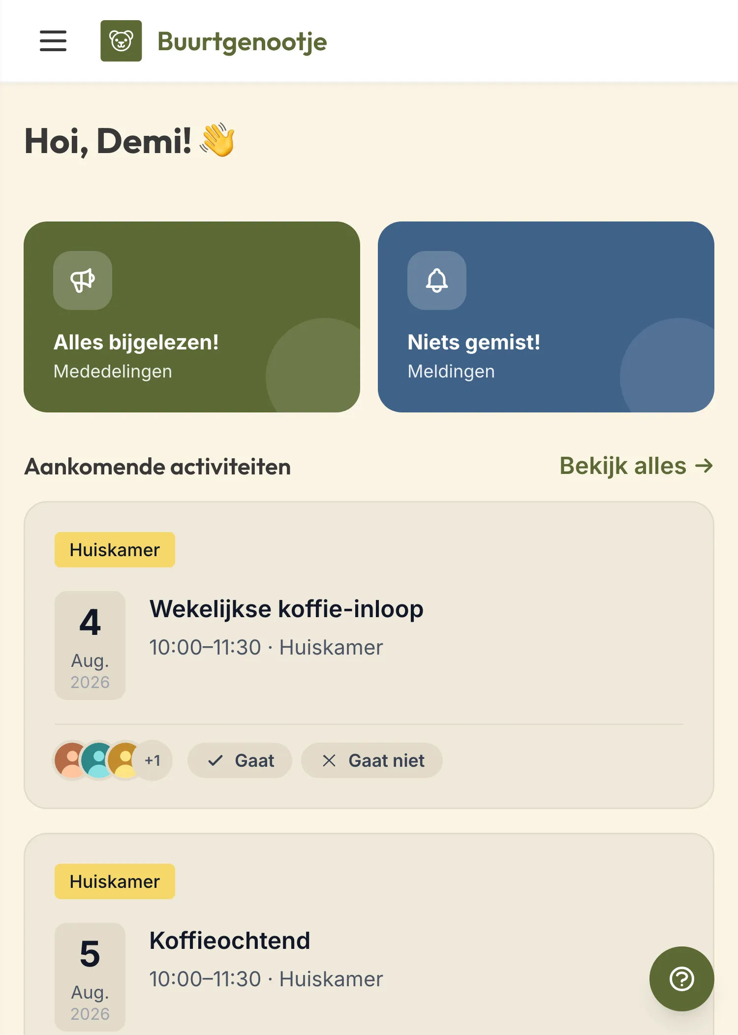 Het dashboard van Buurtgenootje op een telefoon